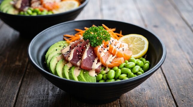 A vibrant poke bowl filled with fresh ingredients like avocado, tuna, salmon, and edamame, served in a black bowl on a rustic wooden table