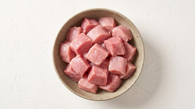 A bowl of freshly cut raw pork cubes, ready for cooking