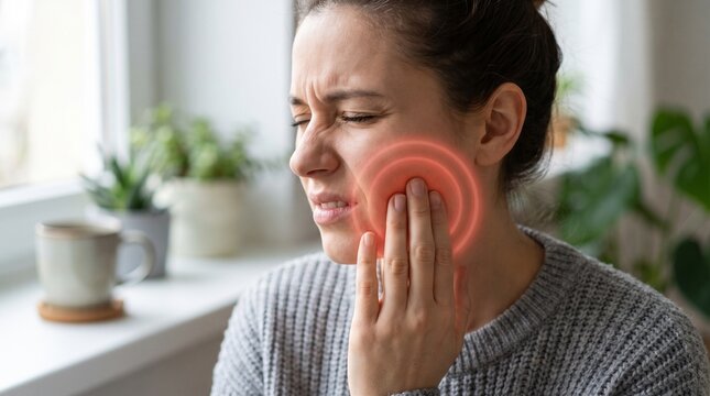 A woman experiencing severe tooth pain, holding her jaw with a look of discomfort, indicated by a red glowing circle around the affected area.