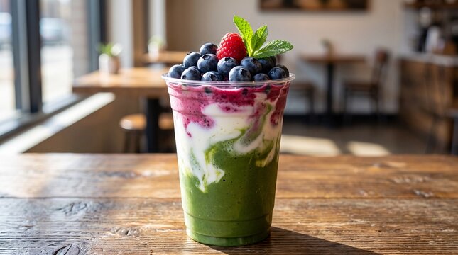 A vibrant layered smoothie topped with fresh blueberries, a raspberry, and mint leaves, served in a clear cup on a rustic wooden table inside a cafe