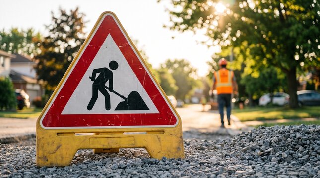 Road work ahead sign with a construction worker in the background walking down a sunny street