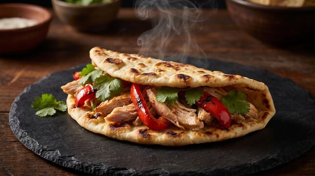 A delicious flatbread sandwich filled with savory meat, bell peppers, and fresh cilantro, served on a dark slate plate. The steam rising from the sandwich indicates it's freshly made and warm.