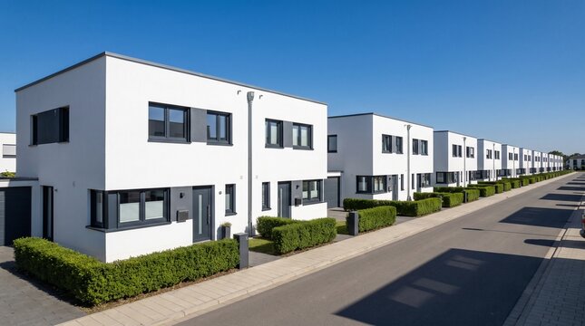 A row of modern, white houses with black-trimmed windows under a clear blue sky