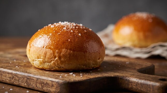 Golden brown bun with salt sprinkled on top, on a wooden cutting board