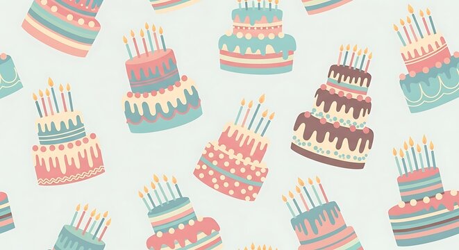Colorful Birthday Cakes with Candles Pattern for Celebration and Party Decor.