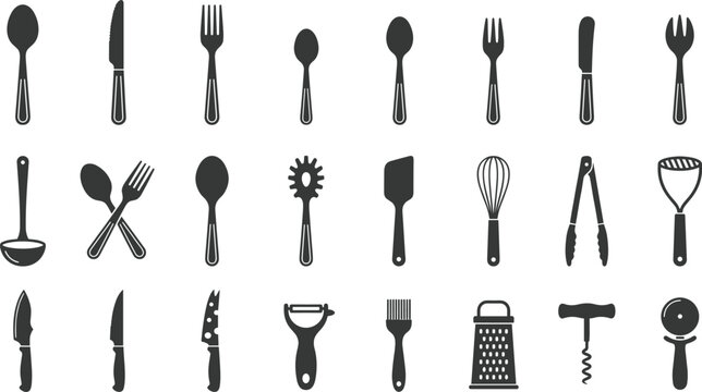 Kitchen Utensil Silhouette Icon Set Featuring Fork, Spoon, Spatula, Whisk, Peeler, Grater, and Cooking Tool Vector Collection