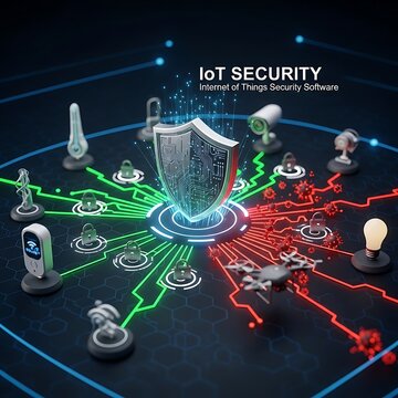 IoT Security Concept with Digital Shield and Network Elements.