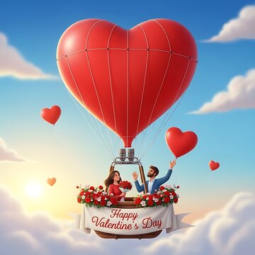 Romantic Valentines Day Hot Air Balloon Heart Scene.
