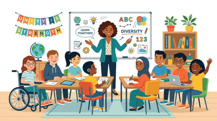 Fototapeta premium Diverse classroom with teacher and students engaged in learning activities