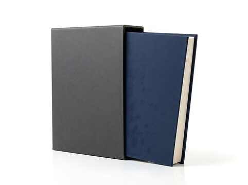 A blue hardcover book sliding out of a dark grey protective cardboard slipcase sleeve for storage. book mockup psd