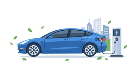Naklejka premium Modern Blue Electric Sedan Charging at Smart Public Station with Green Leaves and Minimal City Skyline, Sustainable Clean Energy Mobility Flat Vector Illustration
