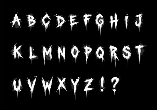 Spooky white English alphabet with dripping paint effect on black background. Perfect for Halloween, horror posters, grunge designs, and creepy typography projects. Vector illustration.