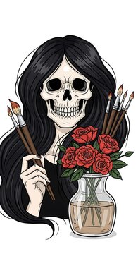 Gothic Skull Woman with Paintbrushes and Roses Artistic Illustration.