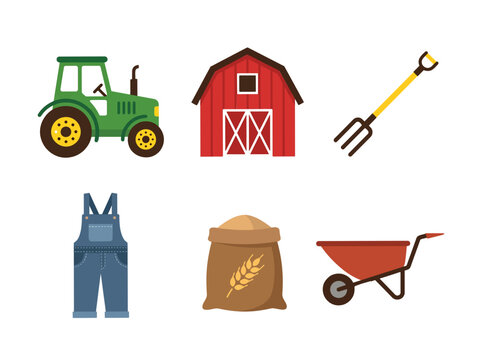 Flat Agriculture and Farming Equipment Icon Set Vector