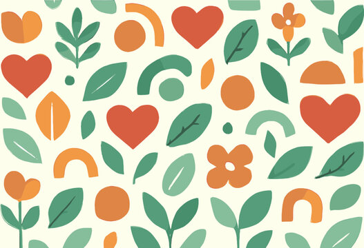 Seamless pattern with stylized hearts, leaves, flowers, and abstract shapes in warm, earthy tones on a light background.