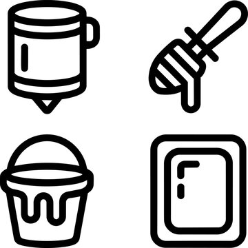 Beekeeping and honey production icons set featuring a settling tank, dripping bucket, sticky dipper and a honeycomb frame and minimalist, tap