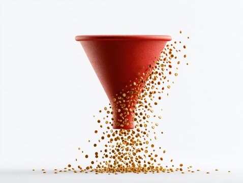 Red funnel filtering golden coins representing financial growth investment strategy and revenue generation process illustration