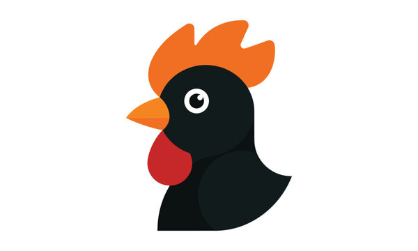 Cute black rooster cartoon illustration, minimalist chicken head icon, farm animal vector graphic, isolated poultry character profile design for logo