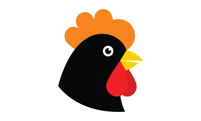 Minimalist rooster head illustration with black feathers, orange comb, yellow beak, and red wattles, isolated on a clean white background. © Sakill_Pro