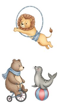 Cute Animal Circus Scene Featuring Lion Bear and Seal.