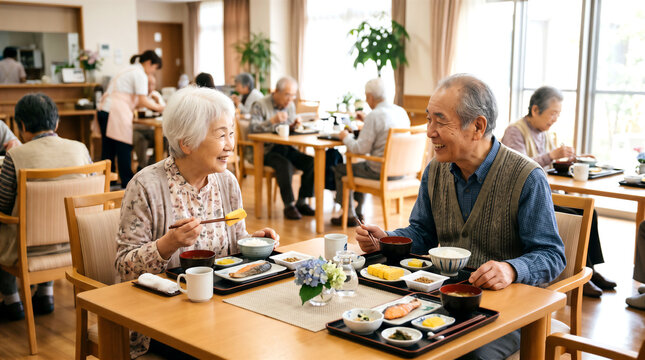 食堂で朝食をとる高齢夫婦