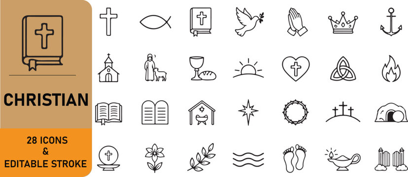 A set of 28 Christian outline icons