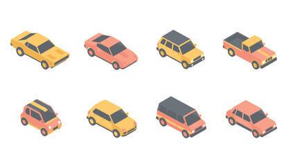 Fototapeta premium Collection of eight various isometric toy vehicles displayed in a set with vibrant yellow and coral color schemes on white.