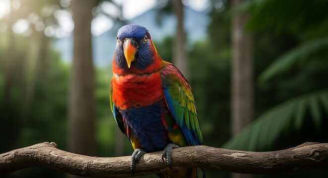 Colorful Parrot Perched on Tree Branch in Forest Setting.