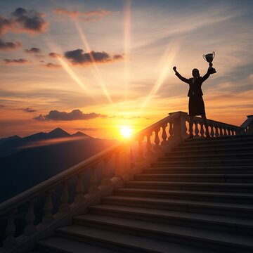 Person Celebrating Sunset on Mountain Peak with Arms Raised.