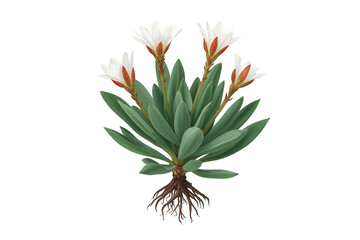 Fototapeta premium Flowering plant with white petals and green leaves growing from roots, botanical illustration on transparent background