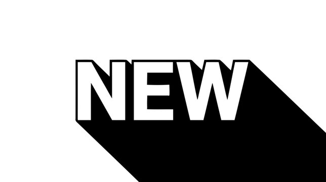 Vector illustration of the word new in bold white letters with a long black drop shadow on a transparent background