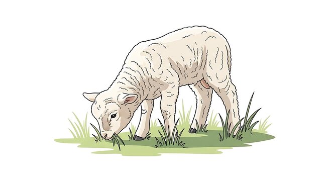 Gentle White Sheep Grazing on Green Grass Field.