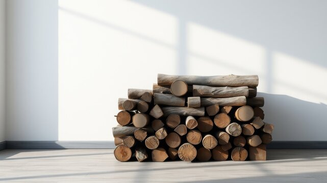 A stack of natural wood logs rests against a minimalist white wall, illuminated by sunlight filtering through a window.