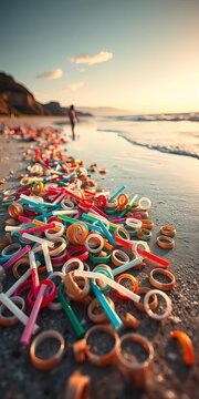 Plastic straws and six-pack rings washed up on the beach, beach litter, ring