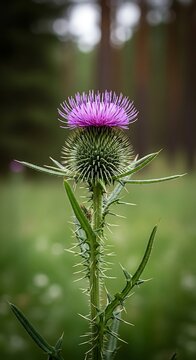 Close-up of Purple Thistle Flower in Nature Setting.
