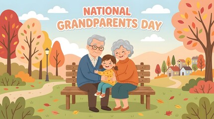 Fototapeta premium National grandparents day illustration loving elderly couple with grandchild in autumn park