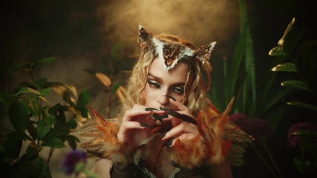 fantasy fashion model posing in smoke fog green grass plant dark forest trees. sharp claws black nails evil gothic fairy woman owl. sexy face creative make-up eyes lips fairy elf cosplay cat girl