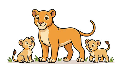 Fototapeta premium Cute, smiling, cartoon, lioness, standing, with, two, adorable, little, baby, cubs, isolated, on, white, background, featuring, wildlife, animal, family, illustration