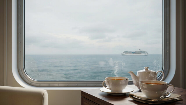 Relaxing tea time inside cruise ship cabin looking out at sea with steaming beverage vacation maritime nautical relaxation interior transportation porcelain refreshment lifestyle daylight