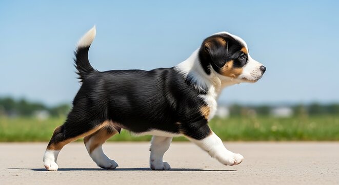 Adorable Puppy Running Outdoors on Green Field.