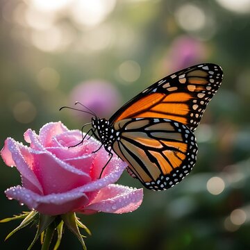 Monarch Butterfly Landing on Pink Rose Flower in Nature Scene.