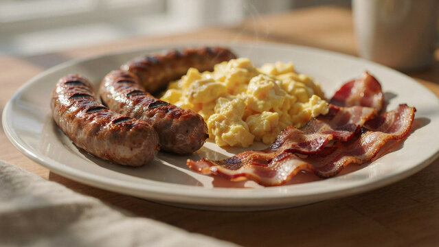 Traditional breakfast plate featuring sausages bacon and scrambled eggs breakfast sausages delicious culinary appetizing scrambled restaurant lifestyle homemade nutrition gastronomy