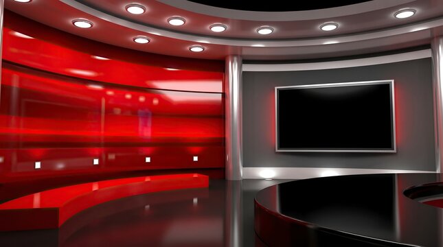 Modern news studio background. Virtual broadcast set with red walls and digital screen.