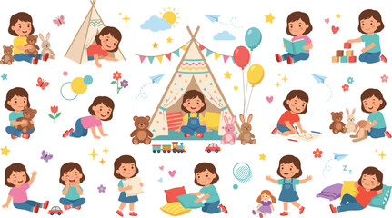 Cute little girl playing at home vector set with teepee tent stuffed toys blocks and books childhood daily activities © Ratna