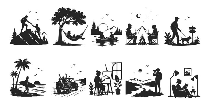 Adventure Travel Lifestyle Silhouette Set with Camping Hiking Surfing Vector Illustration