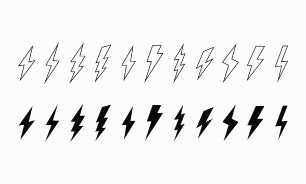 Collection of lightning bolt icons both outline and filled in black and white, abstract representation of energy and power, perfect for graphic design elements and digital applications.