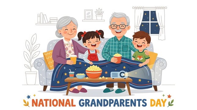 Grandparents day illustration family movie night with grandparents and grandchildren