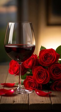 Elegant Glass of Red Wine with Fresh Roses on Wooden Table.