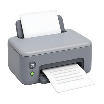 grey printer with paper ejecting featuring rounded edges and simple design 3d rendering isolated on white background cartoon plastic style icon