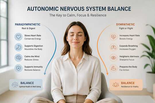 A serene woman meditating in a calm setting, illustrating the balance between the parasympathetic and sympathetic nervous systems.